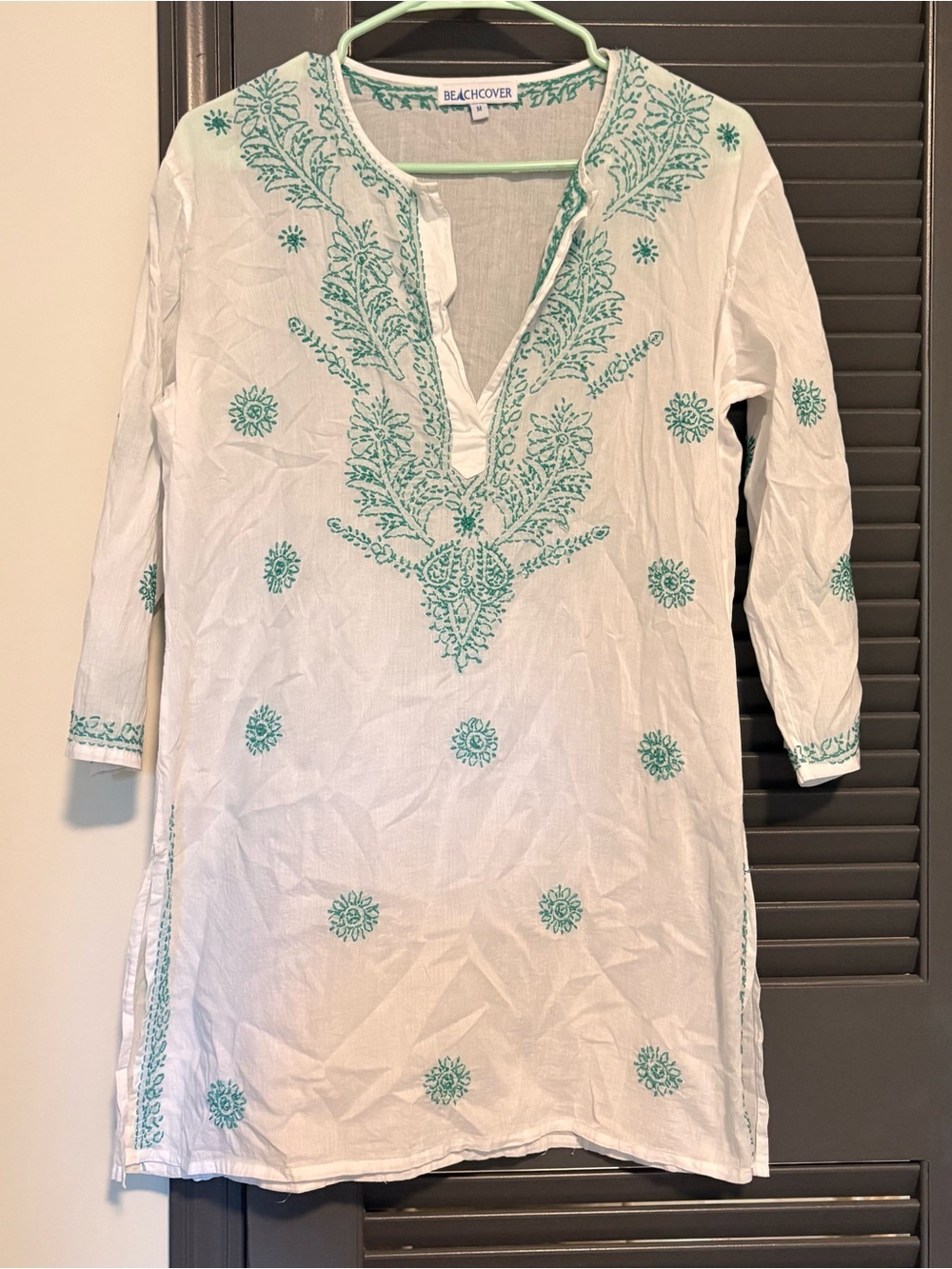 White & Teal Embroidered Women's Swim Coverup